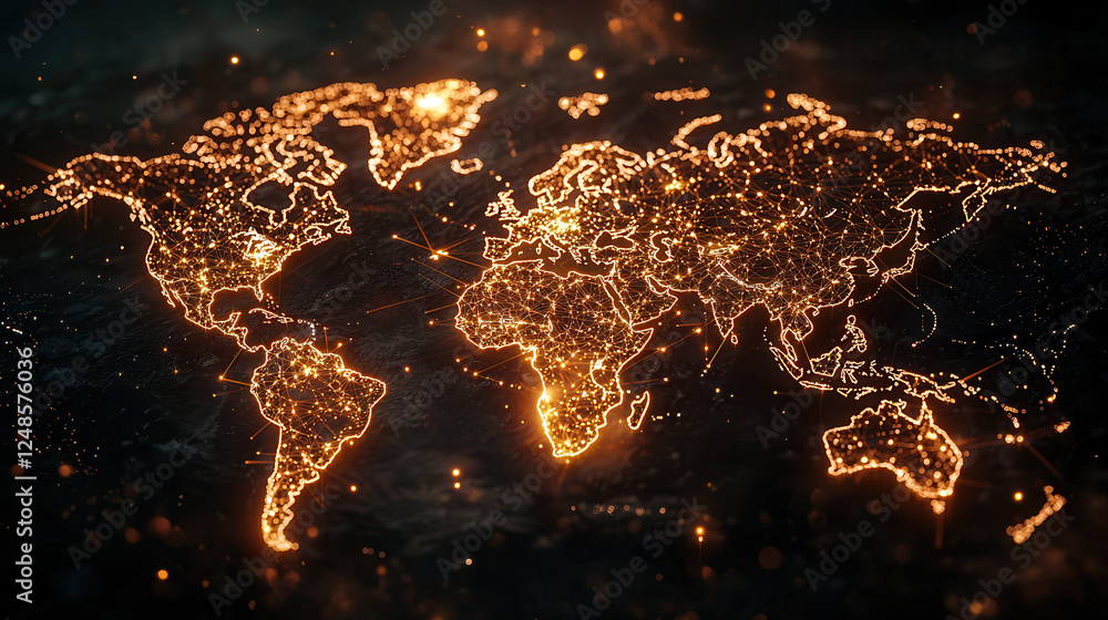 Poster glowing digital world map with interconnected nodes and lights, showcasing global connectivity and t