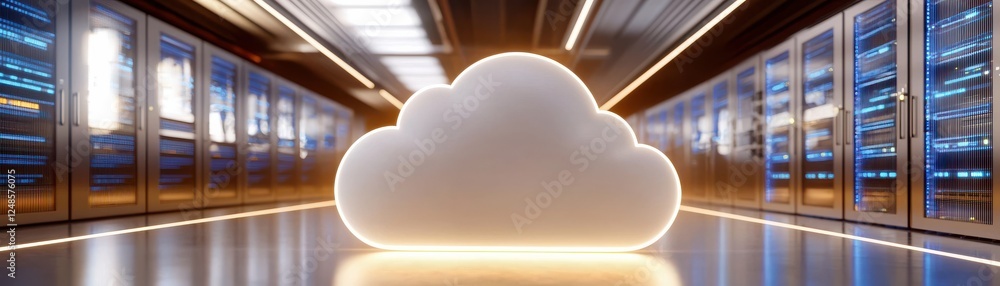 Poster a stylized cloud icon glowing in a server room, symbolizing cloud computing and data storage technol