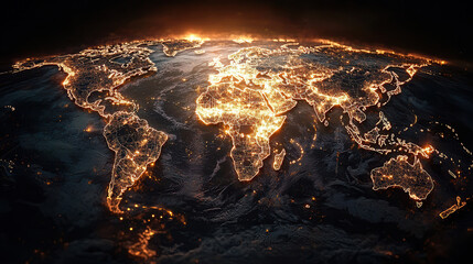 glowing digital world map showcasing illuminated nodes across continents, symbolizing connectivity and technology