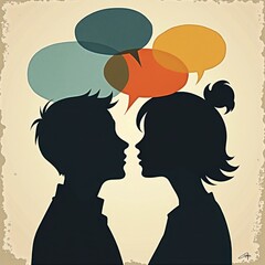 Silhouette of Two People Engaged in Conversation with Speech Bubbles