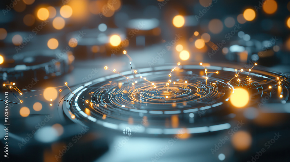 Poster futuristic digital interface with glowing connections and circular patterns, showcasing advanced tec