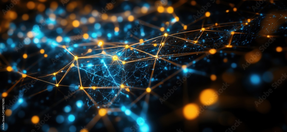Poster abstract digital network visualization with glowing blue and orange nodes and connections, copy spac
