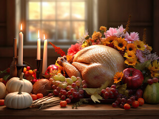 Roasted Turkey and Autumn Harvest Thanksgiving Table Setting