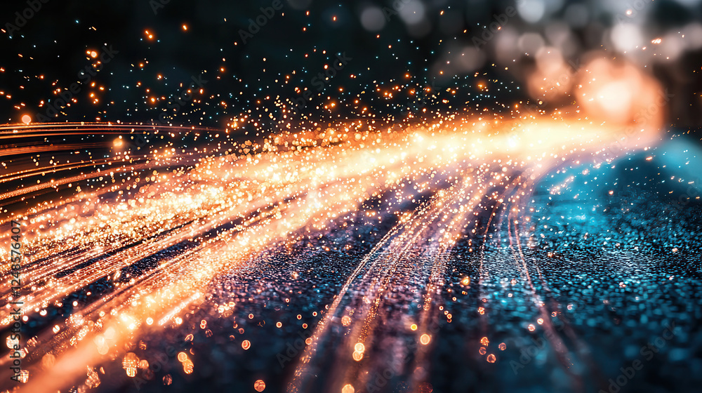 Poster high speed data transfer visualization with glowing particles and light trails. dynamic motion creat