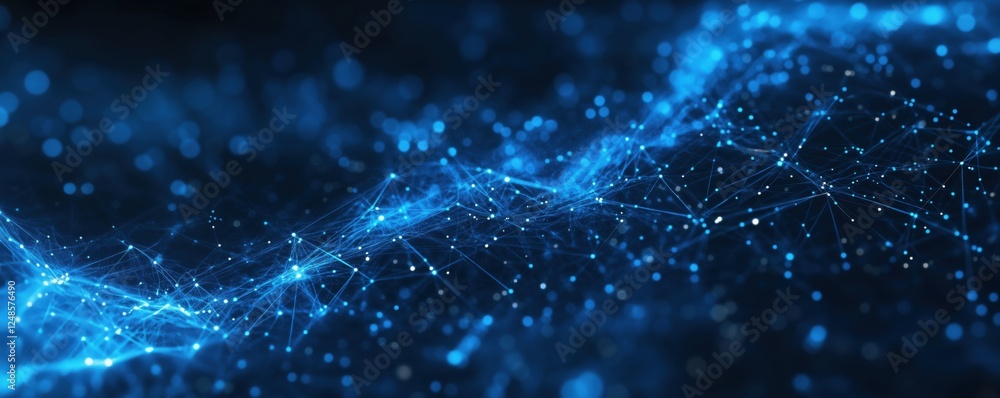 Poster abstract blue digital network with glowing particles and interconnected lines, copy space for text