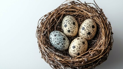 Obraz premium Speckled Bird Eggs in Rustic Nest: A Close-Up of Nature's Delicate Beauty
