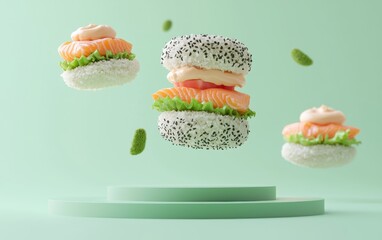 3D icon cartoon of Floating sushi burger with crispy rice buns, salmon tartare, and spicy aioli, mid-air on a pastel green background