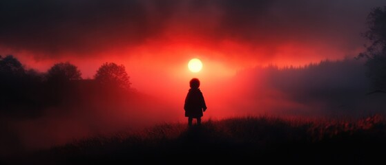 a lone child looks toward a dramatic red sunset in nature