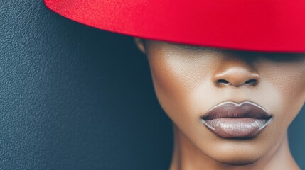 Close up Portrait of a Woman with Dark Skin Wearing a Red Hat Mysterious Fashion Beauty Image