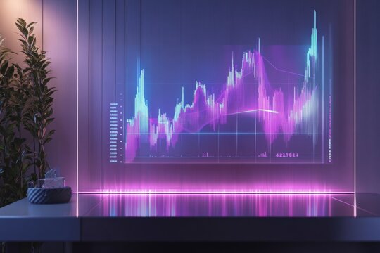 Floating holographic stock market graph illuminating a modern workspace. Generative AI