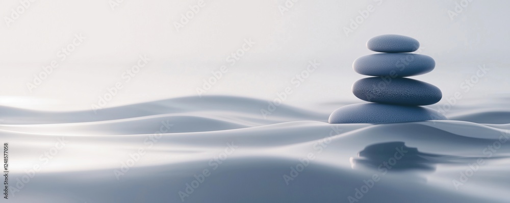 Poster balanced stones stacked on calm water surface creating serene and tranquil atmosphere, copy space fo