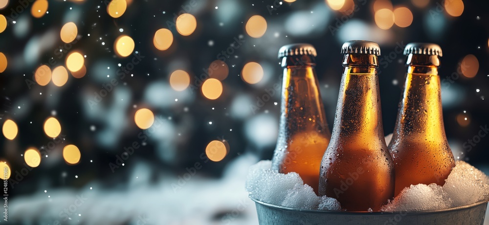 Poster chilled beer bottles in ice with festive bokeh background, copy space for text