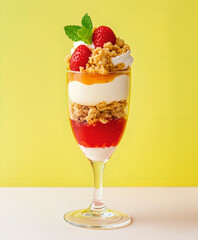 A beautifully crafted layered dessert in a tall glass, featuring pastel-colored layers and a swirl of whipped cream on top. Bright yellow background. Layered dessert, modern food presentation