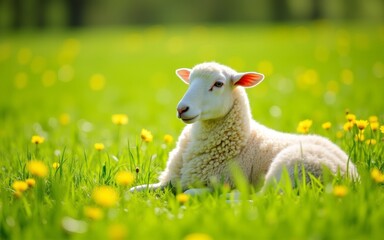 Obraz premium A fluffy sheep rests peacefully in a vibrant field filled with blooming yellow flowers.