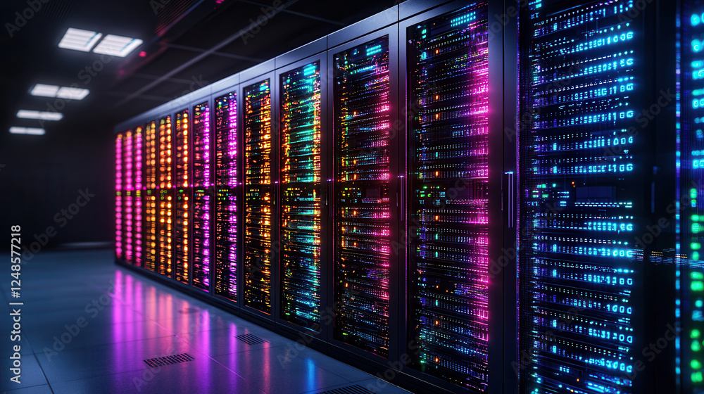 Poster high tech server farm with vibrant lights and advanced technology, showcasing rows of servers in mod