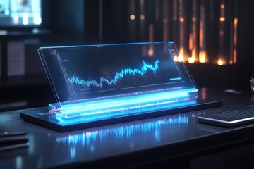 Floating holographic stock market graph illustrating dynamic financial trends. Generative AI