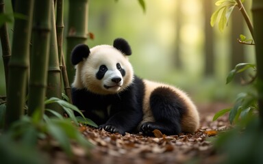 Obraz premium A playful panda cub resting amidst bamboo in a serene natural setting.