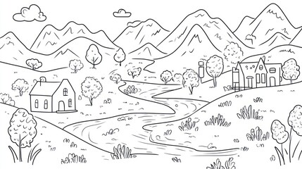 Naklejka premium Serene river valley village, mountain backdrop, coloring page
