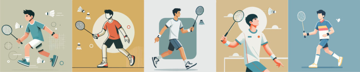 vector set of a young man playing badminton