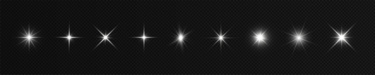 White effect reflections, neon illumination in red colors. Bright light lens. Police light effects, lines. Shiny stars, glowing sparks on a black background. Vector.