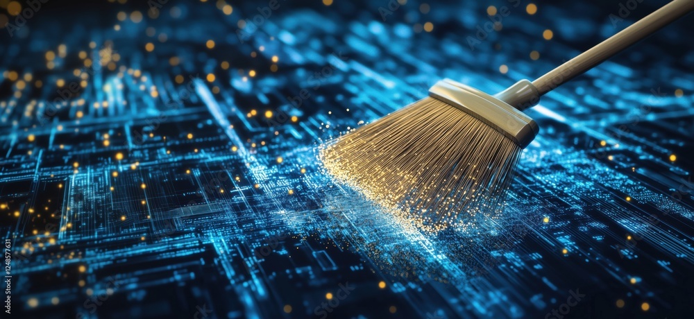 Poster digital cleaning process with broom sweeping data sparks from circuit board, copy space for text