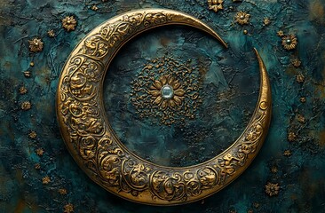 Fototapeta premium Ornate Bronze Crescent Moon with Floral Designs on Textured Teal Background