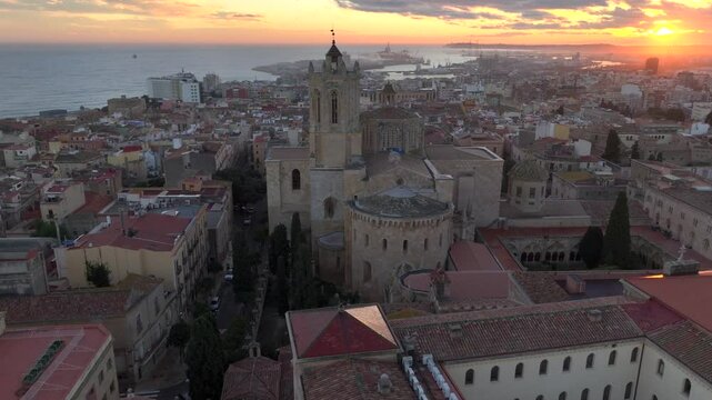Catedral de Tarragona, Aerial view at Sunset Time with dramatic sky. Coastal City of Tarragona, Catalonia, Spain. 
