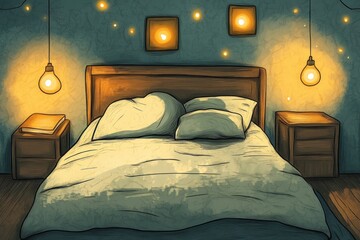 cozy bedroom interior with glowing lights and warm ambiance. wooden bed with soft pillows beside nightstands under hanging lamps. world sleep day, illustration