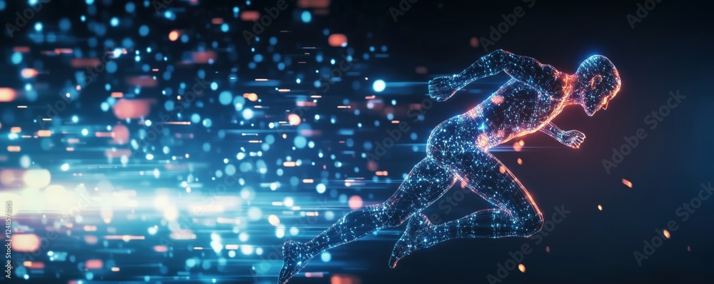 Poster digital human figure sprinting through vibrant light trails and particles, representing speed and te