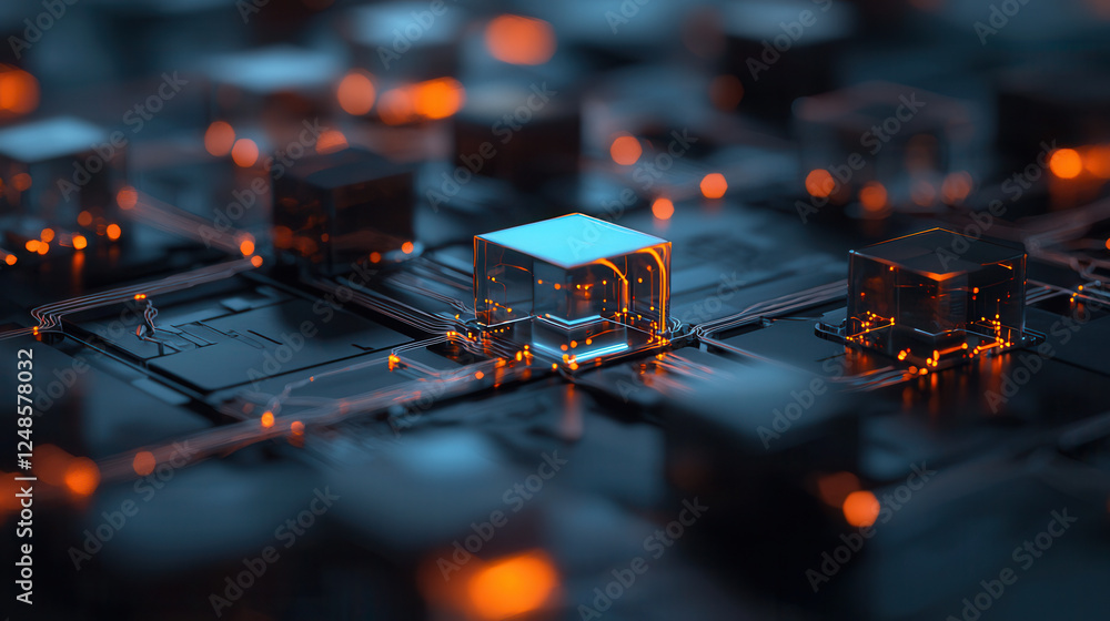 Poster minimalistic concept of iot network connections with glowing elements and circuitry. image evokes se