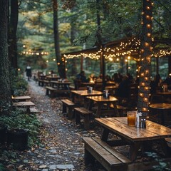 Fototapeta premium Cozy outdoor dining area with wooden tables illuminated by string lights in a forest during autumn, creating a warm atmosphere