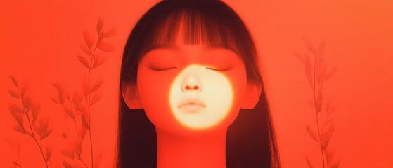 woman with eyes closed and glowing light on face in serene setting