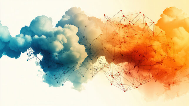 minimalist representation of cloud computing with colorful clouds and network connections, symbolizing technology and innovation