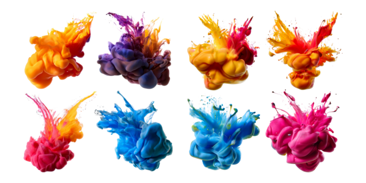 Colorful Ink Splashes in Water for Creative Background Design, isolated on transparent background