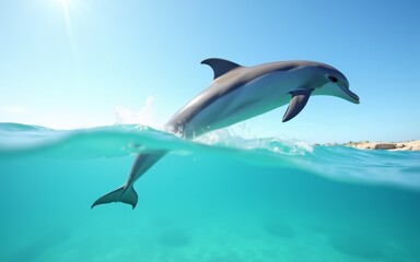 Fototapeta premium A dolphin gracefully leaping from the crystal-clear water under a bright blue sky.