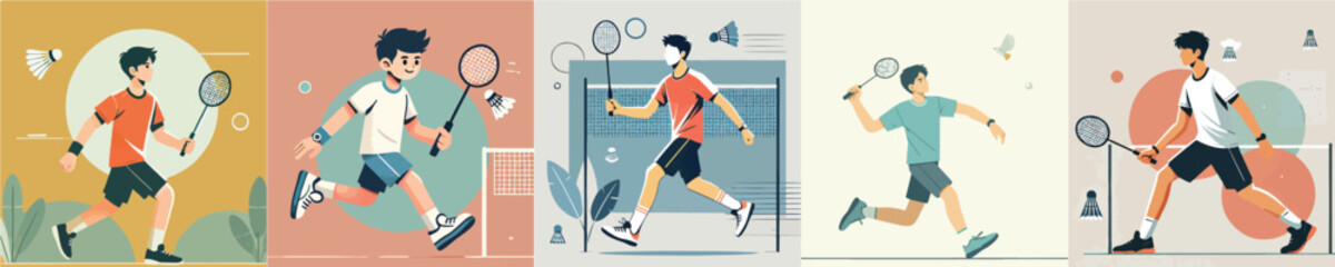 vector set of a young man playing badminton