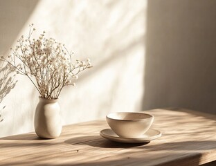 Dried Flowers in Vase and Teacup on Wooden Table in Sunlight