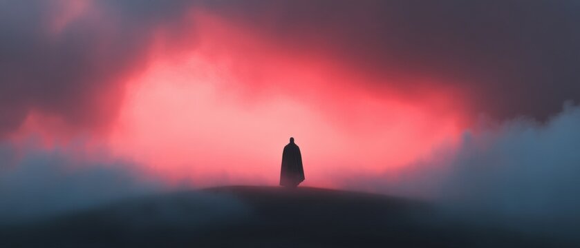 a cloaked figure stands against a dramatic sky