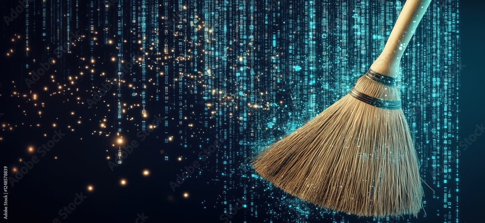 Poster Digital Cleaning Concept with Broom Sweeping Data and Binary Code, copy space for text