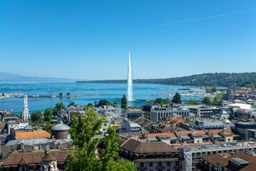 Aerial view of the city, the Jet d'Eau and the lake of Geneva (lac Léman) in summer, Switzerland
