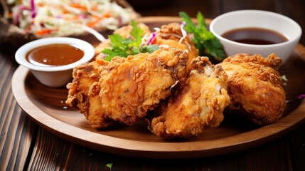 Golden fried chicken with dipping sauce and coleslaw on wooden table