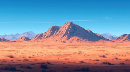Naklejka premium Desert mountain landscape, sunset, vast plains, background sky, panoramic view, wallpaper