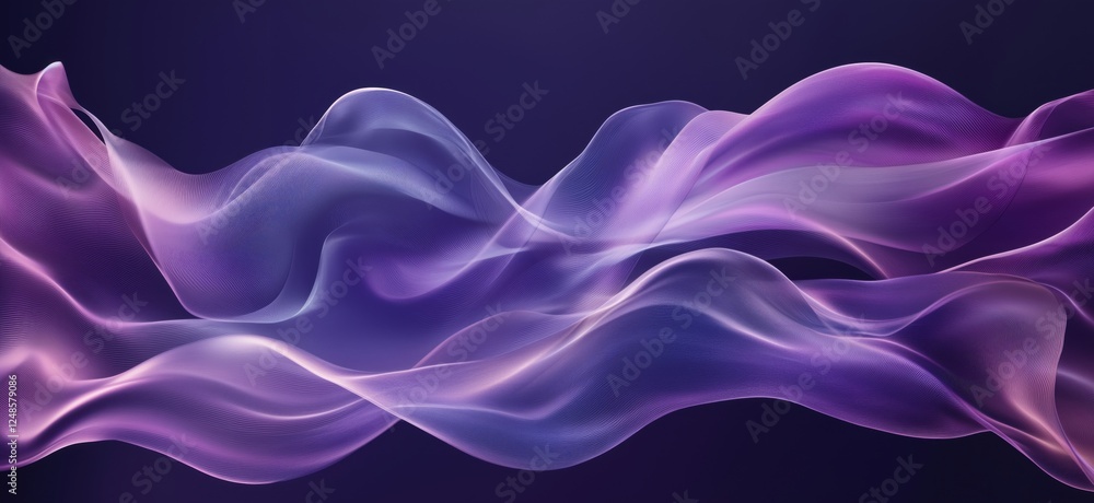 Poster abstract flowing waves in purple and blue hues creating a dynamic visual effect, copy space for text
