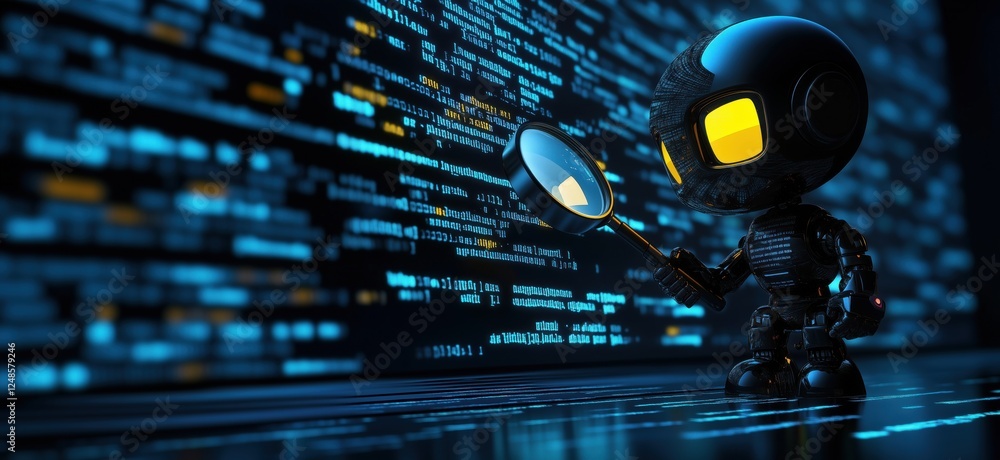 Poster robot detective analyzing code with magnifying glass in digital environment, copy space for text