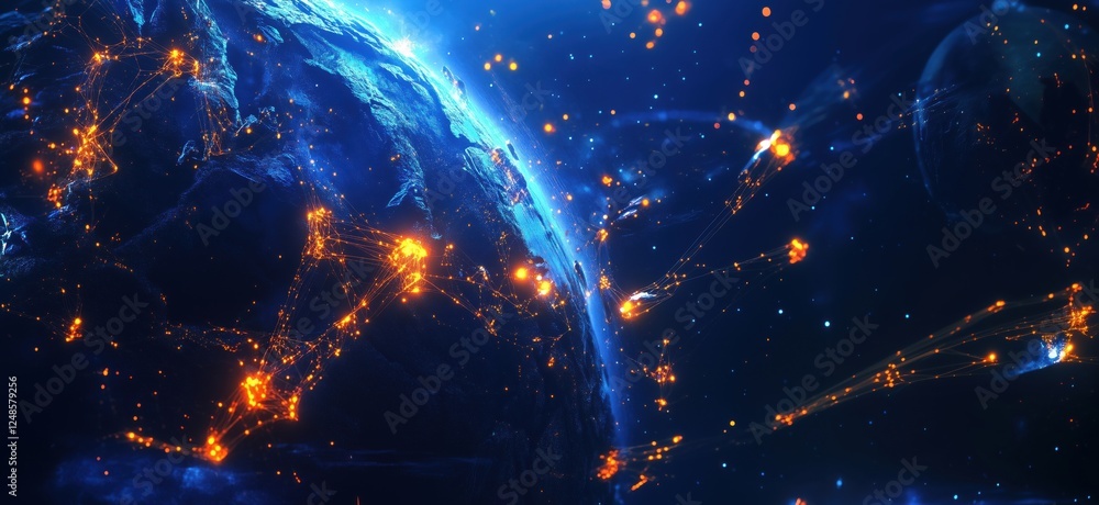 Poster global connectivity and digital networks illuminating earth in cosmic space, copy space for text
