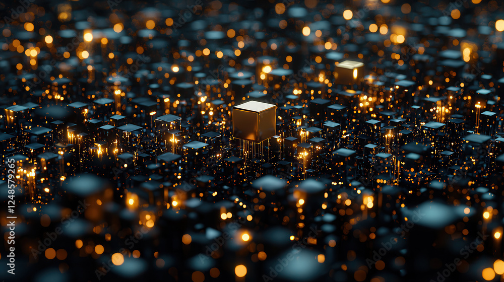 Poster futuristic blockchain network with glowing cubes and lights, showcasing technology and innovation