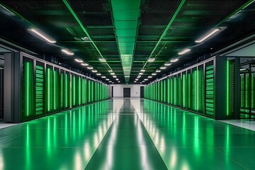 A modern data center with rows of servers emitting green lights, showcasing a sleek and high-tech environment. Concept Modern Data Center, High-Tech Environment, Rows of Servers, Green Lights