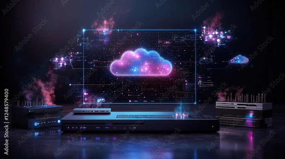 Aufkleber sleek ai powered cloud network hub with glowing elements and digital effects