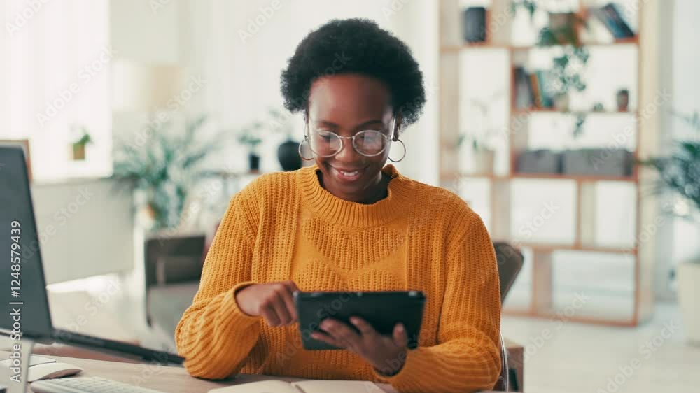 Aufkleber laptop, remote work and tablet with black woman in home office for computer or website programming. 