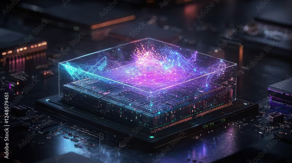 Poster futuristic ai powered cloud network hub with vibrant data visualization